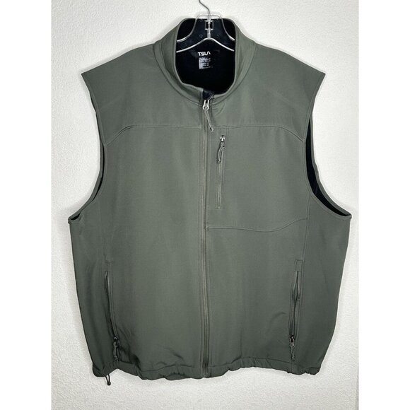 TSLA Vest Mens 2XL Tesla Fleece Lined Full Zip Pockets Stretch Green Mock Neck - Picture 1 of 10
